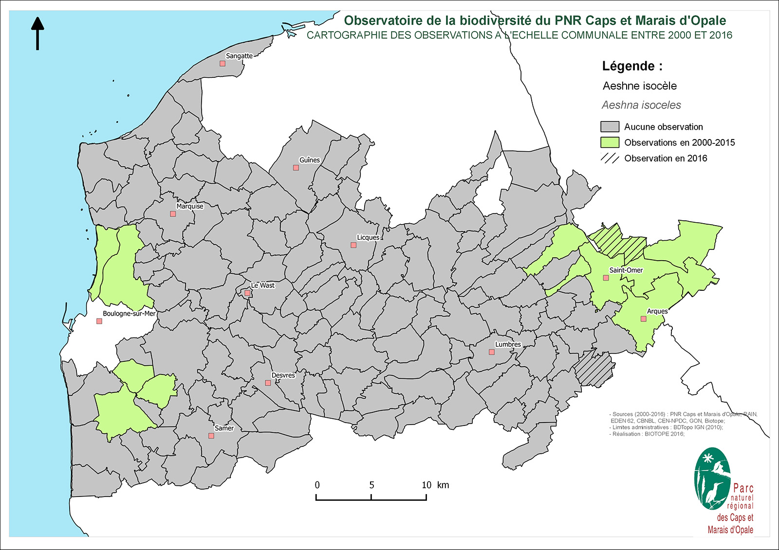 Présence /Absence de l'Aeschne isocèle par commune sur le territoire du PNRCMO (PNRCMO, 2016)