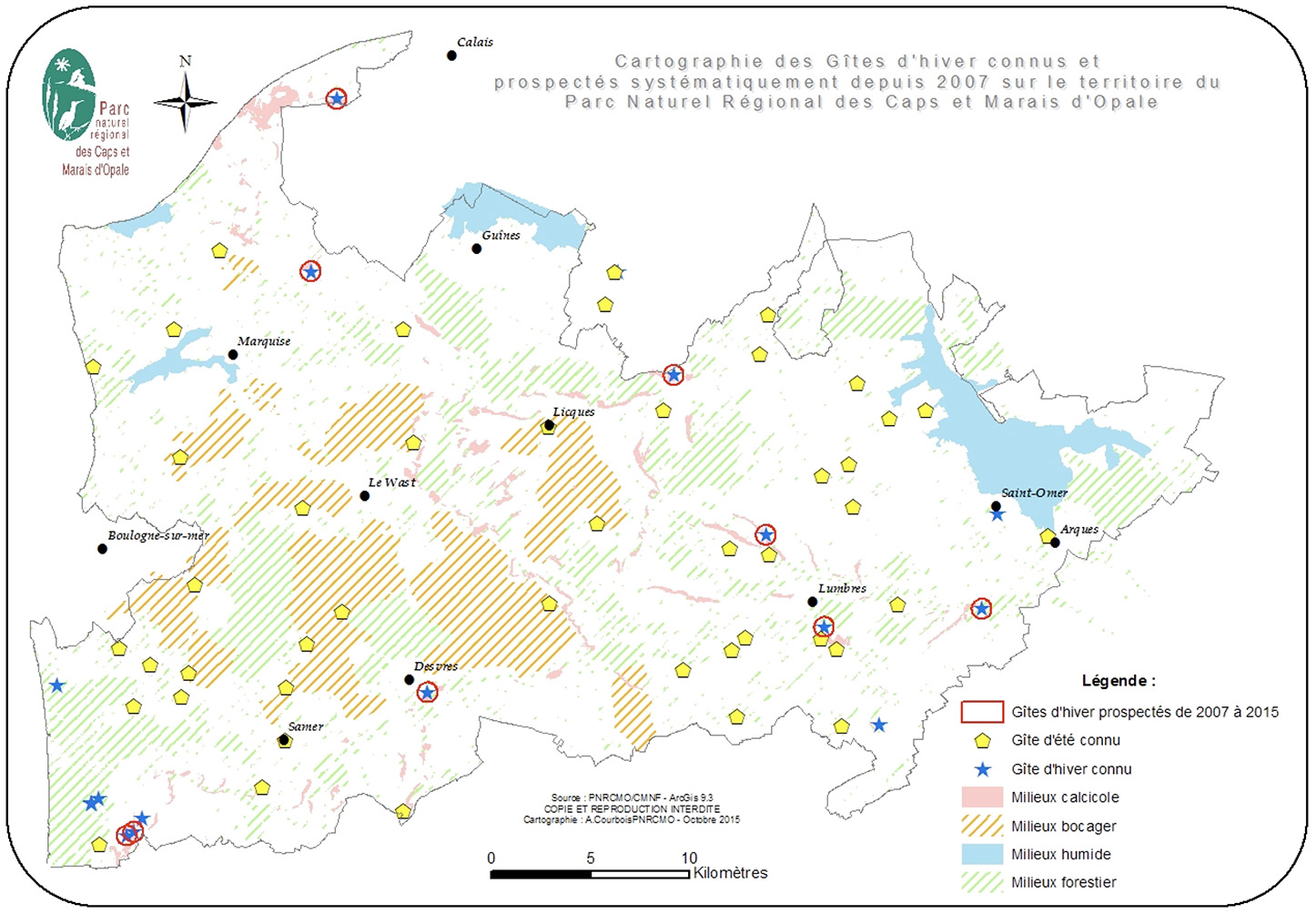 Localisation des sites d'hibernation et gîtes suivis annuellement (source: PNRCMO, 2015)
